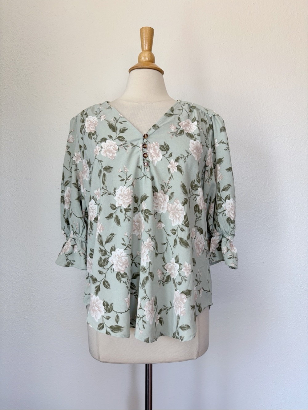 Sage & Pink Floral Ruffle V-Neck Blouse